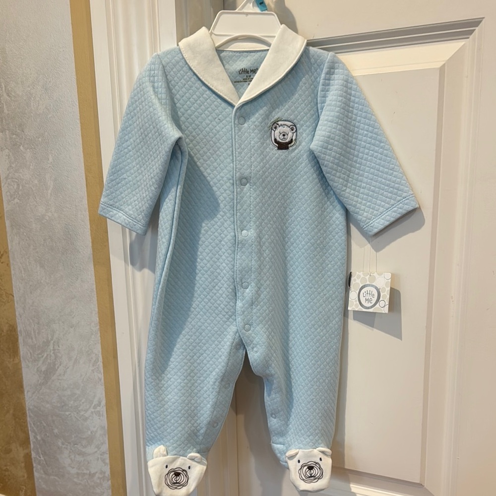 NEW Little Me Boy’s Light Blue Quilted Footie with Bear Design Onesie Size 6 mos